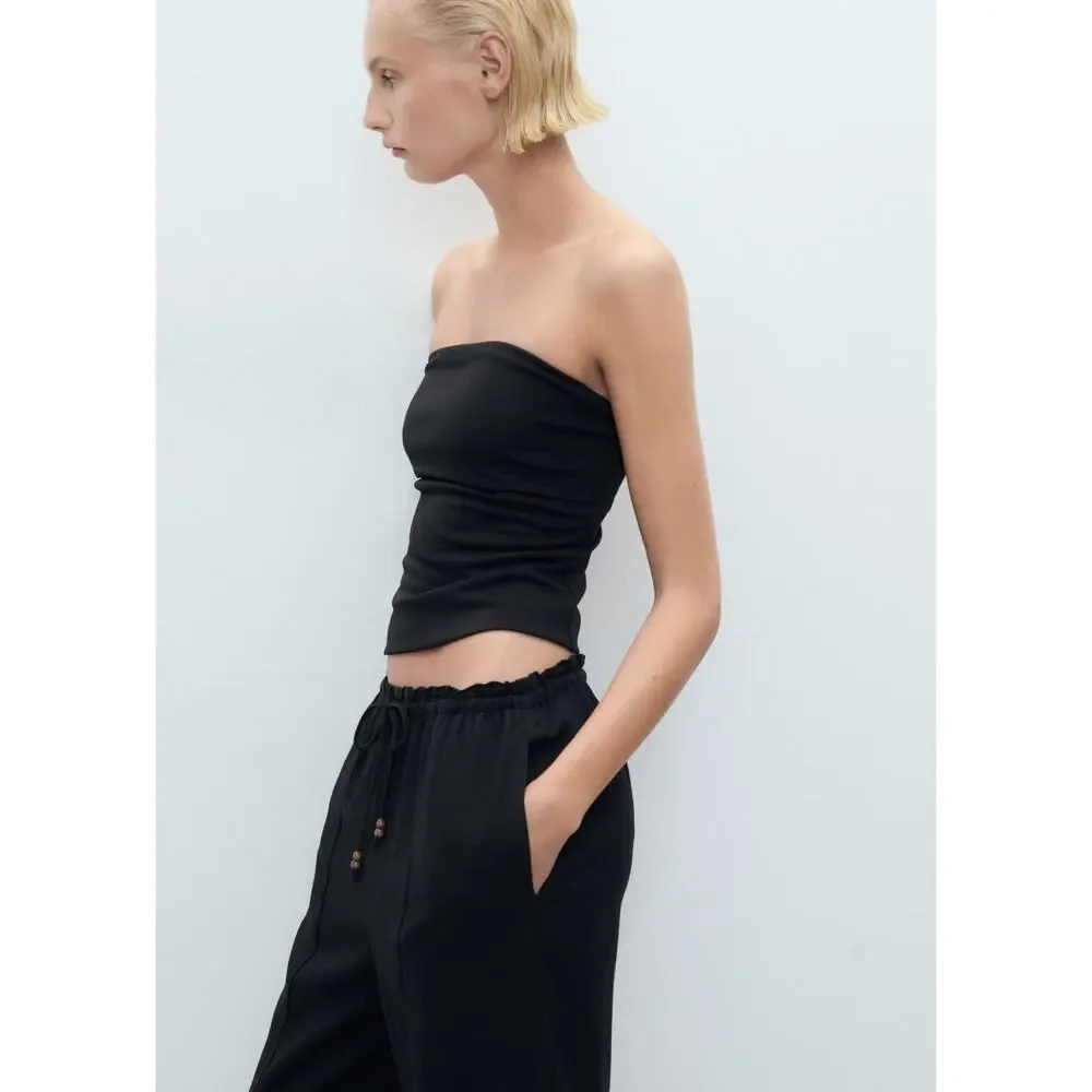 MANGO Linen-Blend Elastic Waist Pants - XS - Black